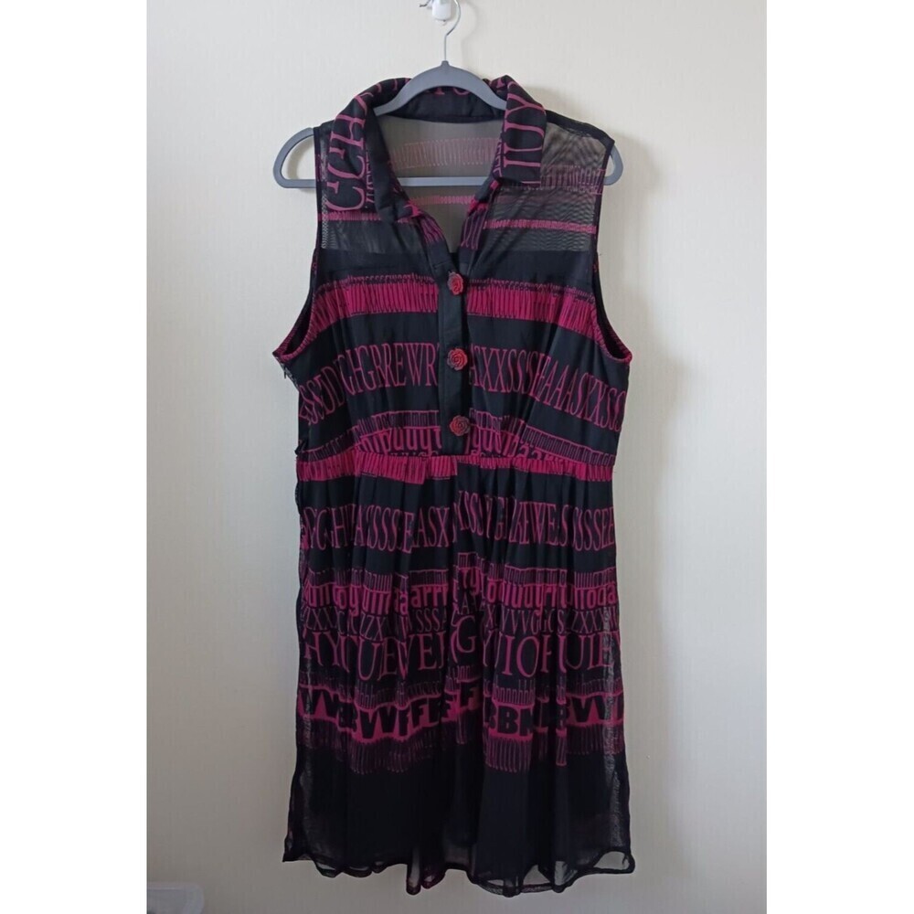 Womens Pleated Sheer Lined Dress Sleeveless 1/4 Button Side‎ Zip Black Pink L